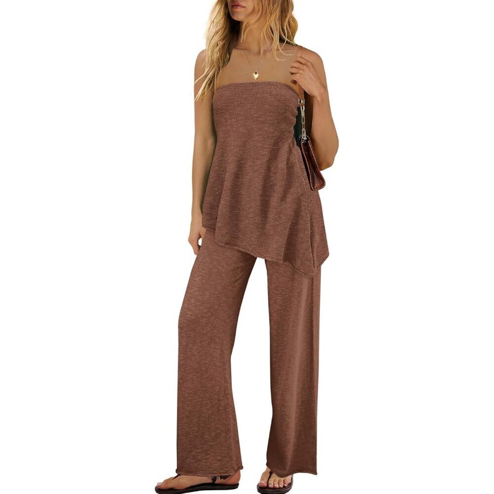 Womens 2 Piece Knit Sweater Set Off Shoulder Top & Wide Leg Pants Large